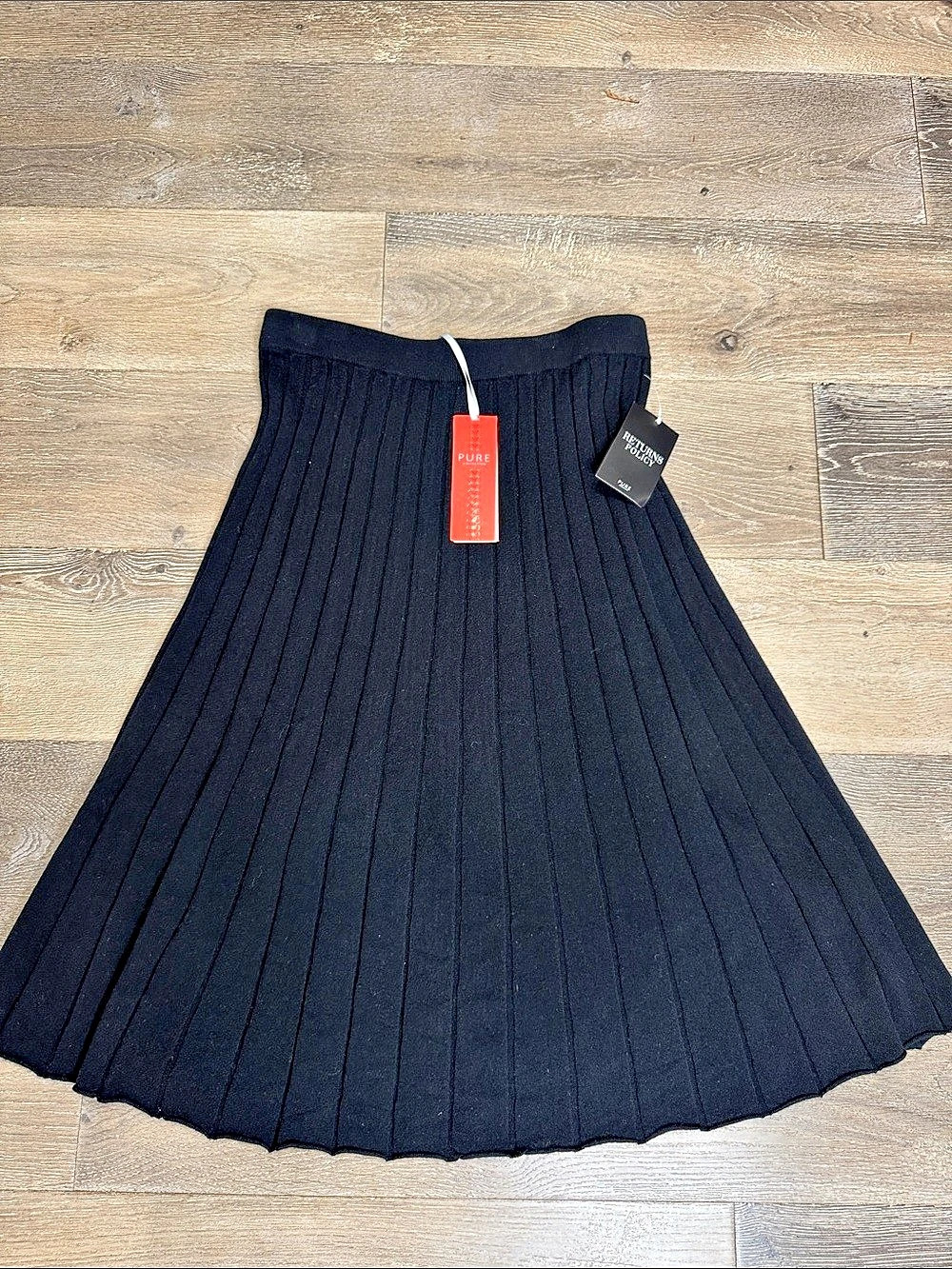 PURE Collection Ribbed Pleated Midi Skirt in Black Size Large NWT